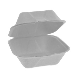 Pactiv Evergreen EarthChoice Bagasse Hinged Lid Container, Single Tab Lock, 6" Sandwich, 5.8 x 5.8 x 3.3, Natural, Sugarcane, 500/Carton (PCTYMCH00800001) View Product Image