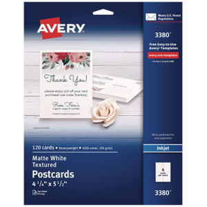 Avery Printable Postcards, Inkjet, 65 lb, 4.25 x 5.5, Textured Matte White, 120 Cards, 4 Cards/Sheet, 30 Sheets/Box View Product Image