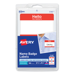 Avery Printable Self-Adhesive Name Badges, 2 1/3 x 3 3/8, Red "Hello", 100/Pack (AVE5140) View Product Image