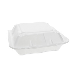 Pactiv Evergreen Vented Foam Hinged Lid Container, Dual Tab Lock, 9.13 x 9 x 3.25, White, 150/Carton (PCTYTD199010000) View Product Image