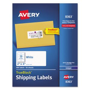 Avery Shipping Labels w/ TrueBlock Technology, Inkjet Printers, 2 x 4, White, 10/Sheet, 50 Sheets/Box View Product Image