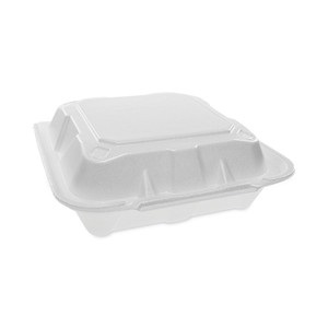 Pactiv Evergreen Vented Foam Hinged Lid Container, Dual Tab Lock, 8.42 x 8.15 x 3, White, 150/Carton View Product Image