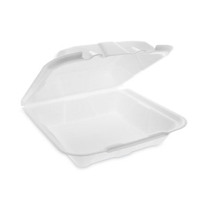 Pactiv Evergreen Vented Foam Hinged Lid Container, Dual Tab Lock Economy, 9.13 x 9 x 3.25, White, 150/Carton View Product Image