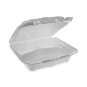 Pactiv Evergreen Vented Foam Hinged Lid Container, Dual Tab Lock Economy, 3 Compartments, 8.42 x 8.15 x 3, White, 150/Carton View Product Image