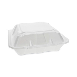 Pactiv Evergreen Vented Foam Hinged Lid Container, Dual Tab Lock, 3-Compartment, 9.13 x 9 x 3.25, White, 150/Carton (PCTYTD199030000) View Product Image