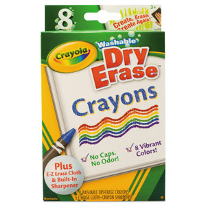 Crayola Washable Dry Erase Crayons w/E-Z Erase Cloth, Assorted Colors, 8/Pack View Product Image