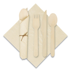 Hoffmaster Pre-Rolled Caterwrap Kraft Napkins with Wood Cutlery, 6 x 12 Napkin;Fork;Knife;Spoon, 7" to 9", Kraft, 100/Carton (HFM120030) View Product Image