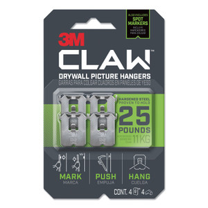 3M Claw Drywall Picture Hanger, Stainless Steel, 25 lb Capacity, 4 Hooks and 4 Spot Markers, View Product Image
