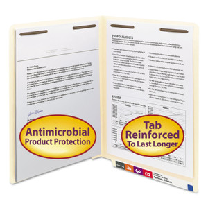 Smead Reinforced End Tab Fastener Folders, Antimicrobial Protection, 0.75" Expansion, 2 Fasteners, Letter Size, Manila, 50/Box View Product Image