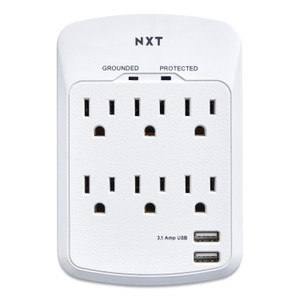 NXT Technologies Wall-Mount Surge Protector, 6 AC Outlets/2 USB Ports, 1,200 J, White View Product Image