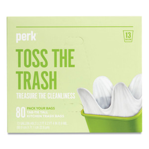 Perk Tab-Tie Tall Kitchen Trash Bags, 13 gal, 0.9 mil, 28" x 24", White, 80/Box (PRK24377881) View Product Image