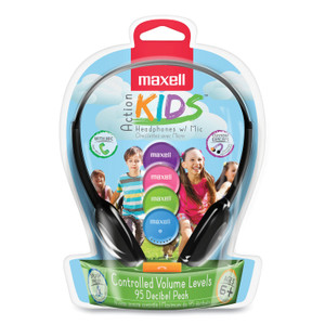 Maxell Kids Safe Headphones with Inline Microphone, 4 ft Cord, Black with Interchangeable Pink/Blue/Silver Caps View Product Image