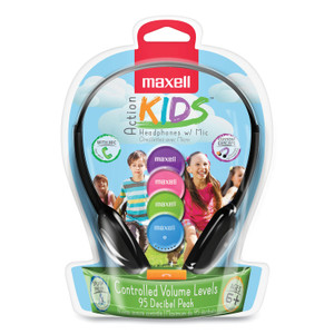 Maxell Kids Safe Headphones with Inline Microphone, 4 ft Cord, Black with Interchangeable Pink/Blue/Silver Caps (MAX195004) View Product Image