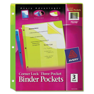 Avery Corner Lock Three-Pocket Binder Pocket, 9.25 x 11.25, Assorted Color, 3/Pack (AVE75310) View Product Image