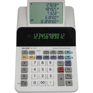 Sharp EL-1501 12-digit Printing Calculator - LCD Display, Compact, 4-Key Memory, Paperless Printing, Cordless - 12 Digits - LCD - Battery Powered - 4 x AA Product Image 