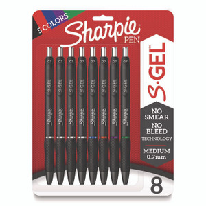 Sharpie S-Gel S-Gel High-Performance Gel Pen, Retractable, Medium 0.7 mm, Assorted Ink Colors, Black Barrel, 8/Pack SAN2126231 View Product Image
