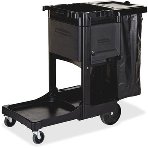 Rubbermaid Commercial Executive Janitor Cleaning Cart - 3 Shelf - 8" , 4" Caster Size - 21.75" Width x 46" Depth x 38" Height - Black Product Image 