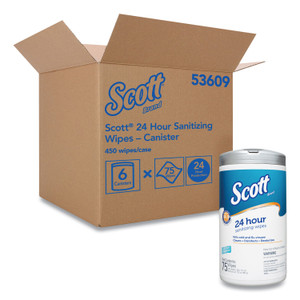 Scott 24-Hour Sanitizing Wipes, 1-Ply, 4.5 x 8.25, Fresh, White, 75/Canister, 6 Canisters/Carton (KCC53609) View Product Image