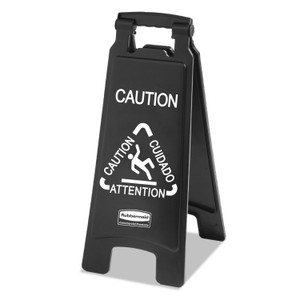 Rubbermaid Commercial Executive 2-Sided Multi-Lingual Caution Sign, Black/White, 10.9 x 26.1 View Product Image