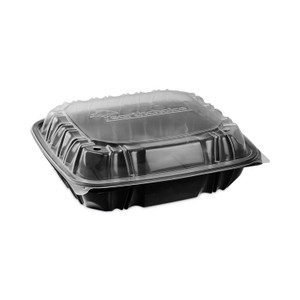 Pactiv Evergreen EarthChoice Vented Dual Color Microwavable Hinged Lid Container, 3-Compartment 34oz, 10.5x9.5x3, Black/Clear, Plastic, 132/CT (PCTDC109310B000) View Product Image