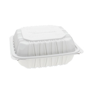 Pactiv Evergreen EarthChoice Vented Microwavable MFPP Hinged Lid Container, 8.5 x 8.5 x 3.1, White, Plastic, 146/Carton View Product Image
