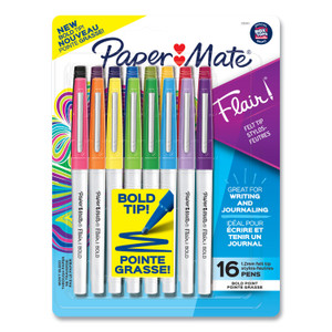 Paper Mate Flair Felt Tip Porous Point Pen, Stick, Bold 1.2 mm, Assorted Ink Colors, White Pearl Barrel, 16/Pack (PAP2125413) View Product Image