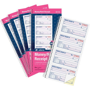 Adams Spiral 2-part Money/Rent Receipt Book - 200 Sheet(s) - Spiral Bound - 2 Part - 11" x 5.25" Form Size - White, Canary - (ABFSC1152PK) Product Image 