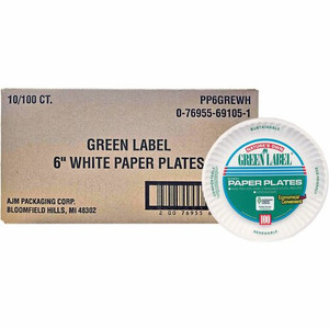 Green Label 6" Green Label Economy Paper Plates - Microwave Safe - 6" Diameter - White - Paper Body - 100/Bag Product Image 