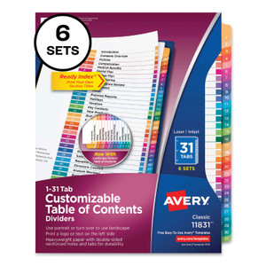 Avery Customizable Table of Contents Ready Index Multicolor Dividers, 31-Tab, 1 to 31, 11 x 8.5, White, 6 Sets (AVE11831) View Product Image