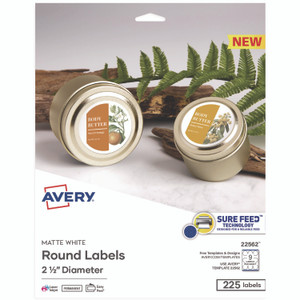 Avery Laser/Inkjet Media Labels, Inkjet/Laser Printers, 2.5" dia, Matte White, 9 Labels/Sheet, 25 Sheets/Pack View Product Image
