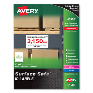 Avery Surface Safe ID Labels, 4 x 6, White, 2/Sheet, 50 Sheets/Box View Product Image