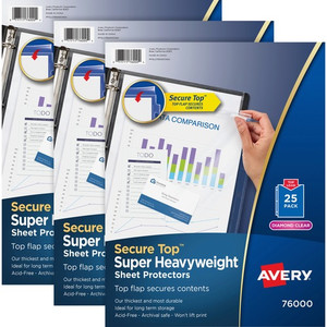 Avery Secure Top Sheet Protectors - For Letter 8 1/2" x 11" Sheet - 3 x Holes - Ring Binder - Top Loading - Clear - (AVE76000BD) Product Image 