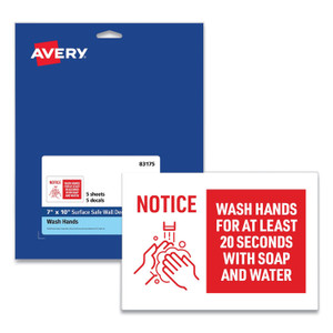 Avery Preprinted Surface Safe Wall Decals, 10 x 7, Wash Hands for at Least 20 Seconds, White/Red Face, Red Graphics, 5/Pack View Product Image