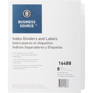 Business Source Index Dividers, Unpunched, 8-Tab, 25 Sets/BX, White (BSN16488) View Product Image