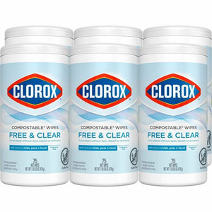 Clorox Free & Clear Compostable All Purpose Cleaning Wipes - 4.25" Length x 4.25" Width - Fragrance-free, Dye-free, Residue-free, Durable - White - 75/Tub - (CLO32486CT) Product Image 