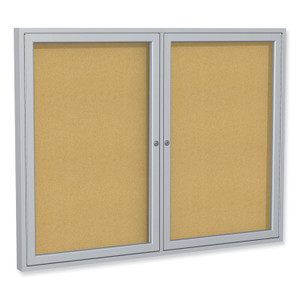 Ghent 2 Door Enclosed Natural Cork Bulletin Board with Satin Frame, 60" x 36", Tan Surface, Satin Aluminum Frame View Product Image