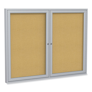 Ghent 2 Door Enclosed Natural Cork Bulletin Board with Satin Frame, 48" x 36", Tan Surface, Satin Aluminum Frame View Product Image