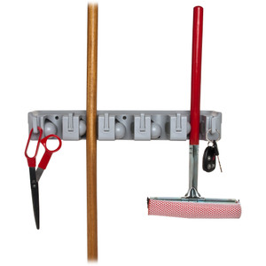 Genuine Joe Wall Rack, Holds 5 Brooms/Tools,6-Hooks f/Hanging, Gray (GJO12504) View Product Image