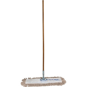 Genuine Joe Dust Mop Complete Combo - 24" Width Cotton Head - 60" Length x 0.94" Diameter Wood Handle - Swivel Head, Lightweight, Chrome Plated, Absorbent, Rust Resistant, Reinforced, Refillable Product Image 