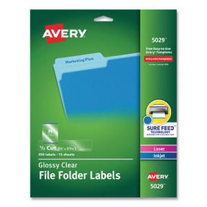 Avery Clear Permanent File Folder Labels with Sure Feed Technology, 0.66 x 3.44, Clear, 30/Sheet, 15 Sheets/Pack (AVE5029) View Product Image