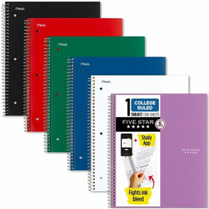 Mead Five Star Subject Spiral Notebook - 1 Subject(s) - 100 Sheets - Wire Bound - 3 Hole(s) - 11" x 8 1/2" Sheet Size Product Image 