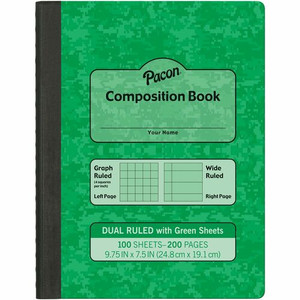 Pacon Dual Ruled Composition Book - Plain - Quad Ruled, Wide Ruled Front Ruling - 9.75" Height x 7.5" Width x 0.5" Length - Green Cover Product Image 