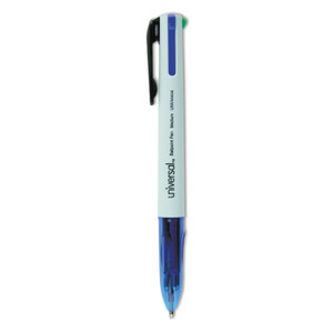 Universal 4-Color Multi-Color Ballpoint Pen, Retractable, Medium 1 mm, Black/Blue/Green/Red Ink, White/Translucent Blue Barrel, 3/Pack (UNV44444) View Product Image