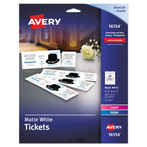 Avery Printable Tickets w/Tear-Away Stubs, 97 Bright, 65 lb Cover Weight, 8.5 x 11, White, 10 Tickets/Sheet, 20 Sheets/Pack (AVE16154) View Product Image