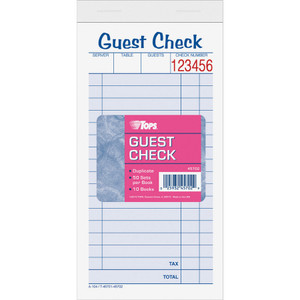 TOPS 2-part Carbonless Guest Check Books - 2 Part - 3.37" x 5.50" Sheet Size - Blue, Green, Red Print Color Product Image 