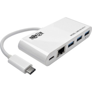 Tripp Lite 3-Port USB-C Hub with LAN Port and Power Delivery, USB-C to 3x USB-A Ports and Gbe, USB 3.0, White (TRPU4600033AGC) View Product Image