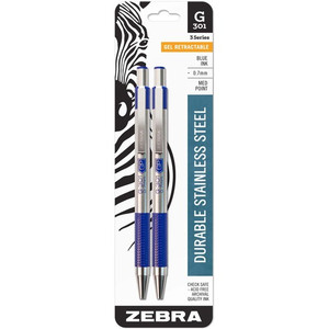 Zebra G-301 Gel Pen, Retractable, Medium 0.7 mm, Blue Ink, Stainless Steel/Blue Barrel, 2/Pack (ZEB41322) View Product Image