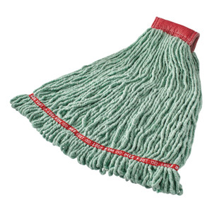 Rubbermaid Commercial Web Foot Shrinkless Looped-End Wet Mop Head, Cotton/Synthetic, Large, Green, 5" Red Headband (RCPA25306GR00) View Product Image