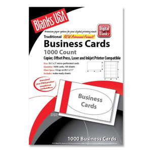 Blanks/USA Printable Microperf Business Cards, Copier/Inkjet/Laser/Offset, 2 x 3.5, White, Bristol, 1,000 Cards, 10/Sheet, 100 Sheets/PK View Product Image