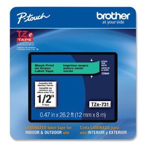 Brother P-Touch TZe Laminated Removable Label Tapes, 0.47" x 26.2 ft, Black on Green (BRTTZE731CS) View Product Image